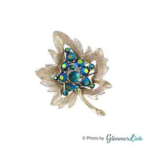 Vintage Blue Aurora Borealis Rhinestone Leaf Gold Tone Textured Brooch